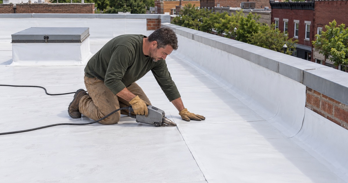 A hot-air welder sealing a seam on a new white membrane roof over a brick commercial building in Perth Amboy.