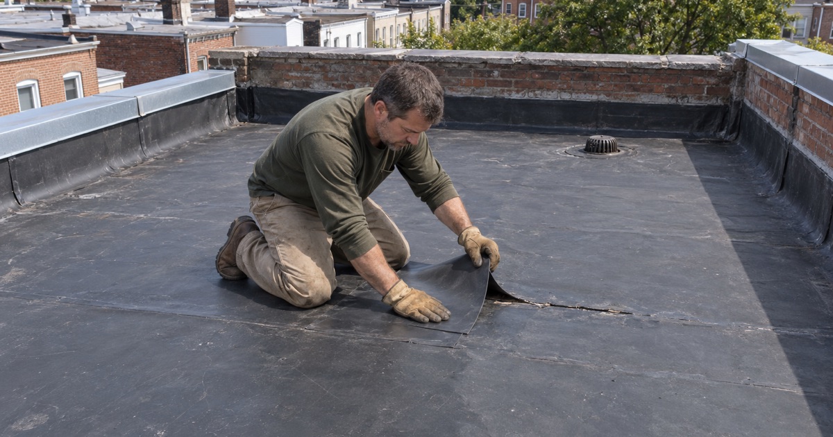 A rubber patch pressed over a split seam on the flat roof of a brick row house in Perth Amboy.