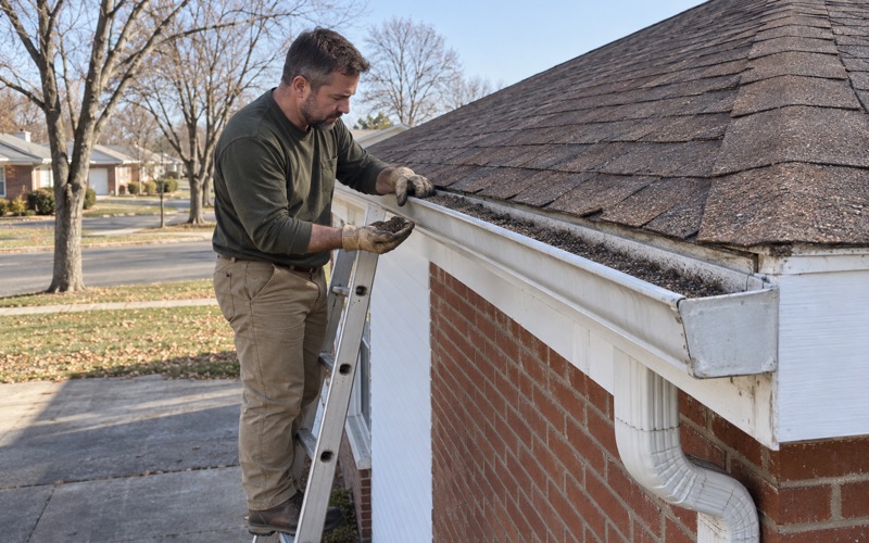 A roofer at the eave of an aging Perth Amboy roof, checking the gutter for loose shingle granules during an inspection.