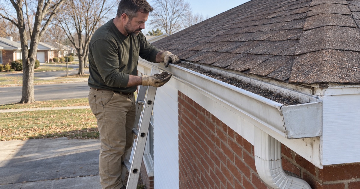 A roofer at the eave of an aging Perth Amboy roof, checking the gutter for loose shingle granules during an inspection.