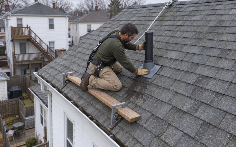 A new pipe boot lapped into the shingles around a plumbing vent to stop a leak on a Perth Amboy house.