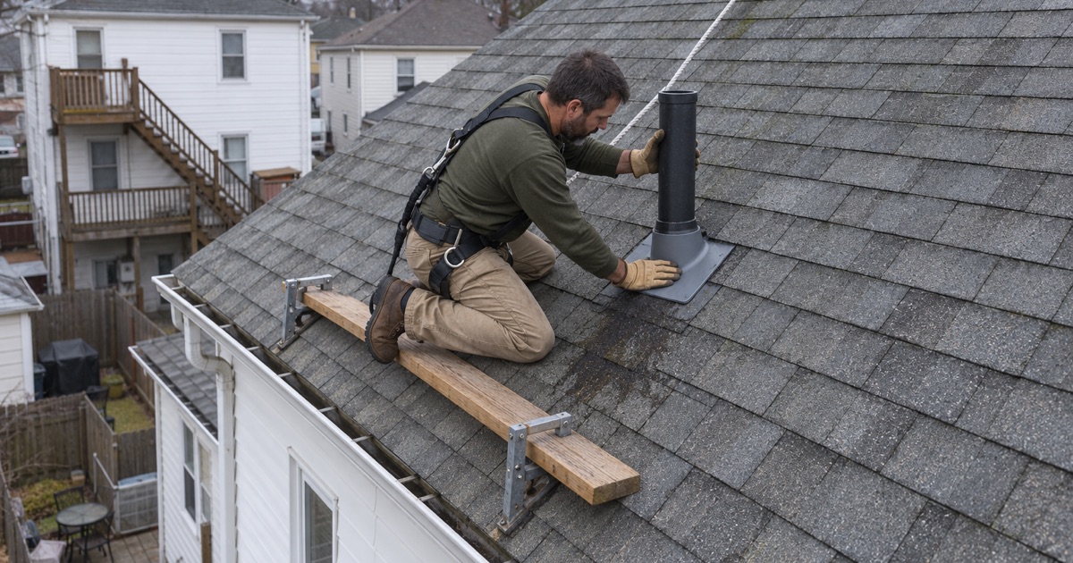 A new pipe boot lapped into the shingles around a plumbing vent to stop a leak on a Perth Amboy house.