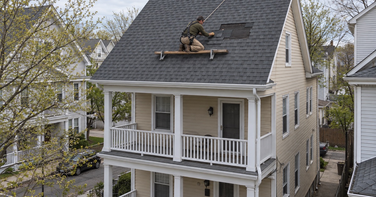 A roofer sliding replacement shingles into a gap where wind took several off a Perth Amboy two-family roof.