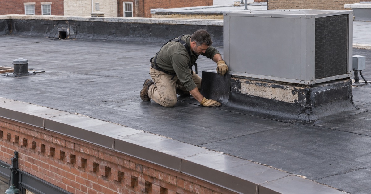 Flashing the curb of a rooftop unit set back from the front parapet on a mixed-use building in East Rutherford