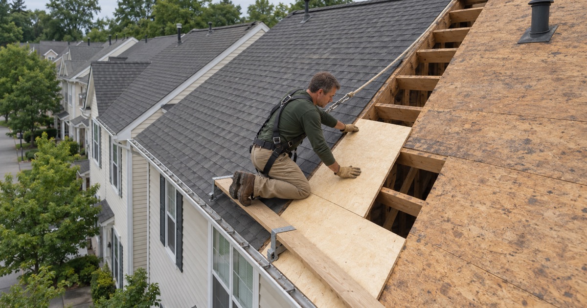 Fire-retardant sheathing laid in a strip along the common wall between two townhouse roofs in Edgewater.