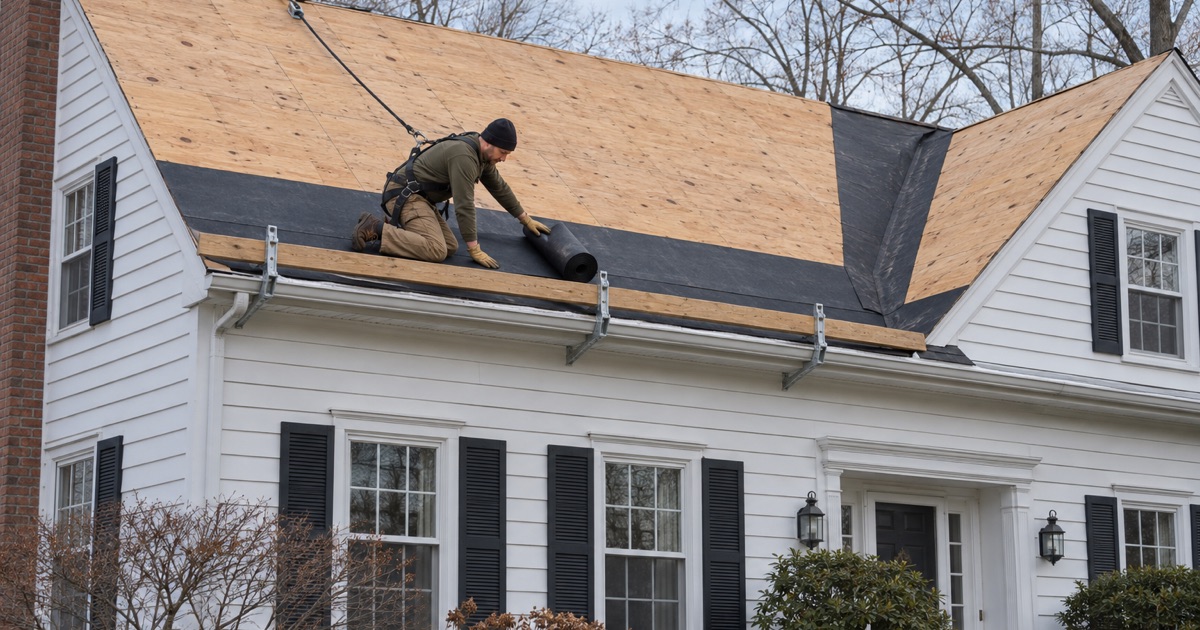 Ice-and-water membrane rolled along the eave of a Florham Park colonial during a re-roof.