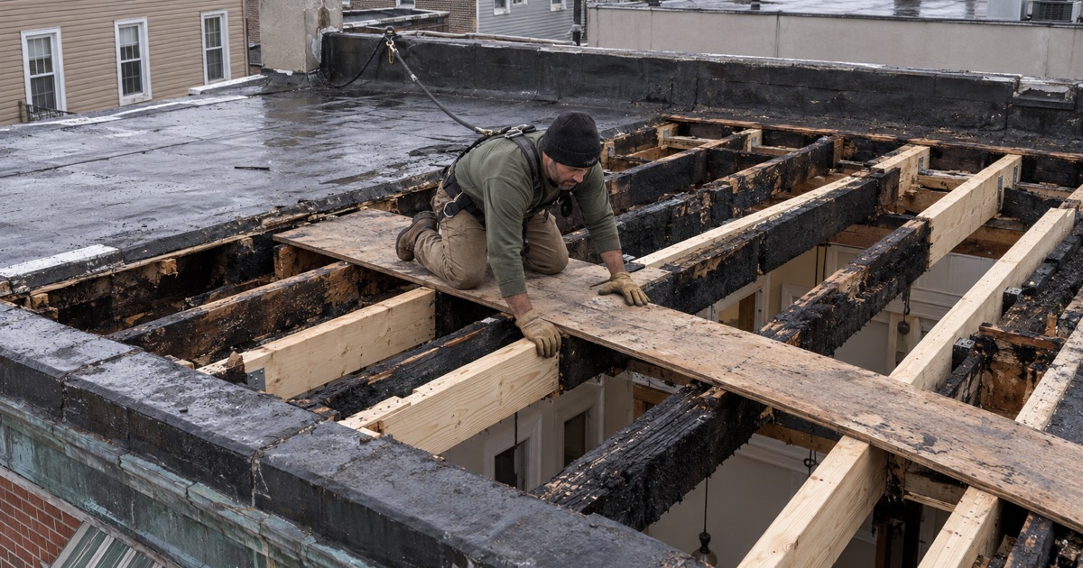 New roof joists going in beside charred framing over a corner storefront building in Guttenberg after a fire.