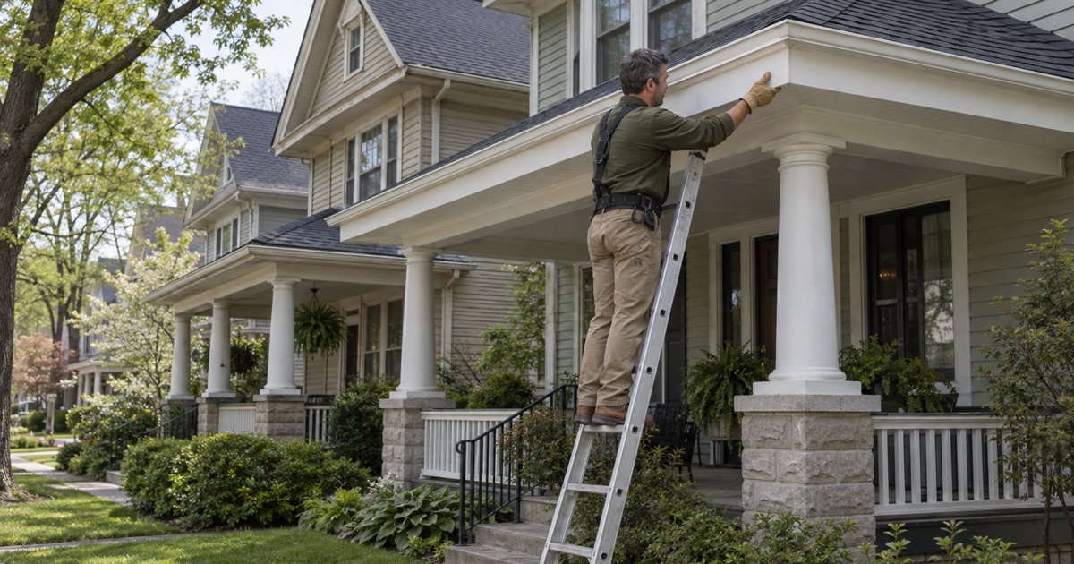 A new porch fascia matched to the twin house next door on a front porch roof in Highland Park.