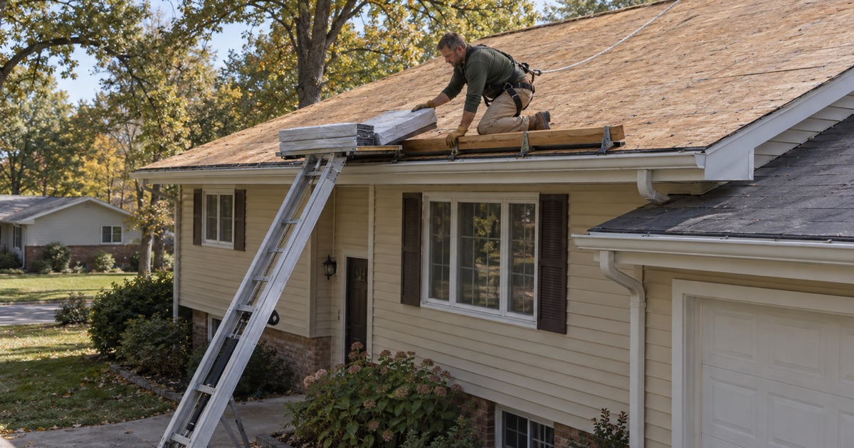 Shingle bundles brought up a ladder hoist to the roof of a Lincoln Park split-level during a re-roof.
