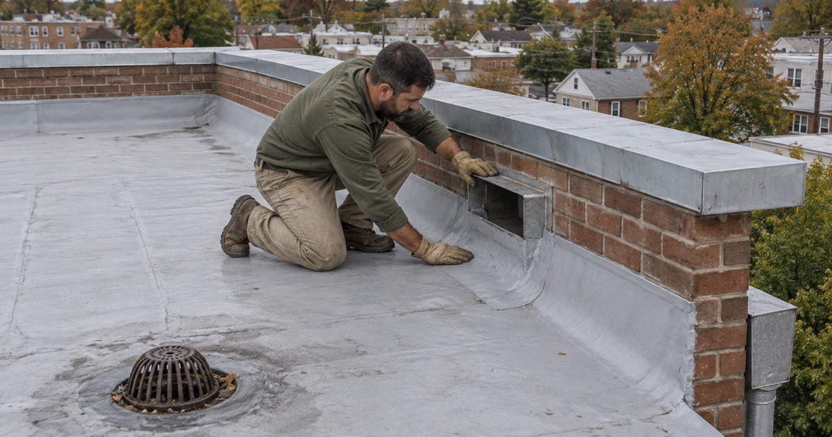 An overflow scupper through the parapet of a flat-roofed apartment building in Little Ferry, near its main roof drain.