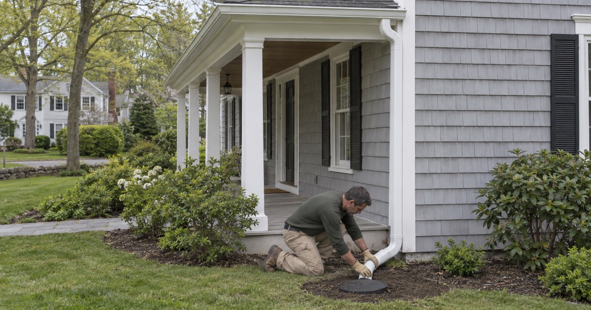 The leader from a new covered porch roof piped to a drywell in the lawn of a Madison colonial.