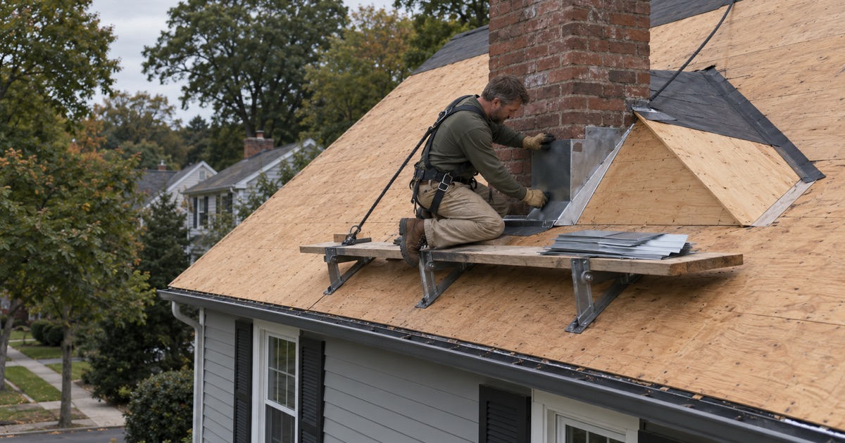 A new cricket set on the uphill side of a wide chimney during a re-roof in Maywood.
