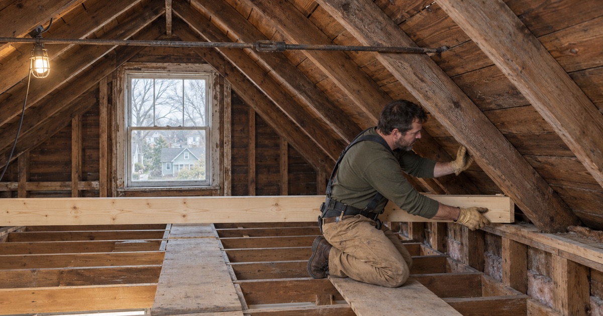 A new rafter tie fitted in the attic of an older Metuchen house where the old roof had pushed its walls outward.