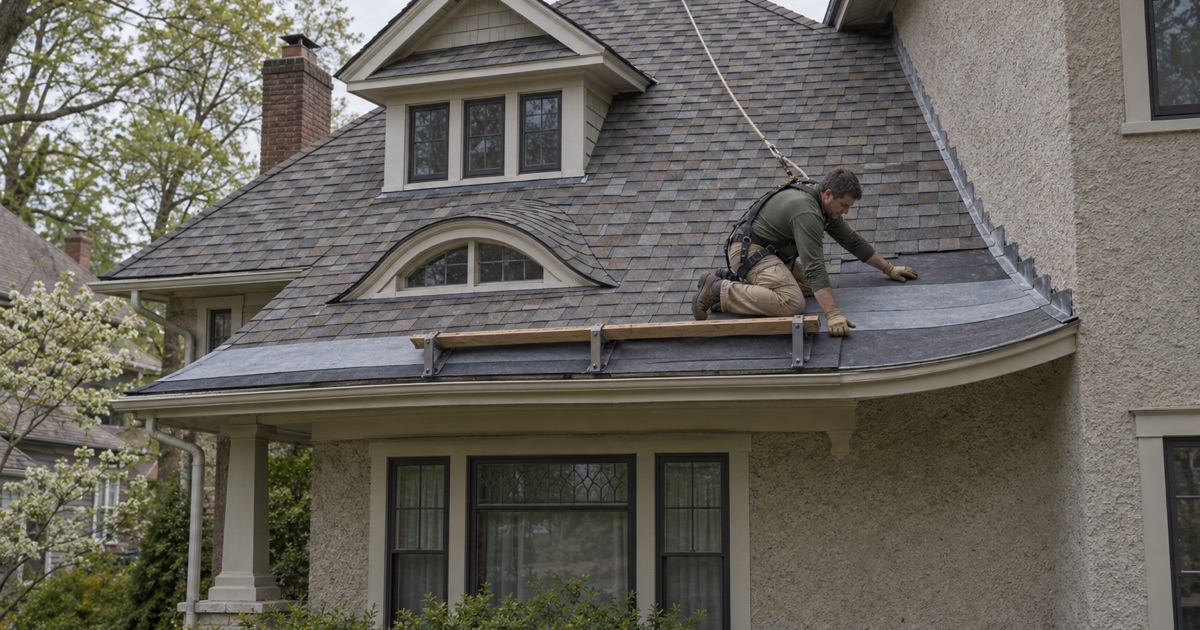 Double underlayment and new shingles on the flared kicked eave of an older stucco house in Middlesex.