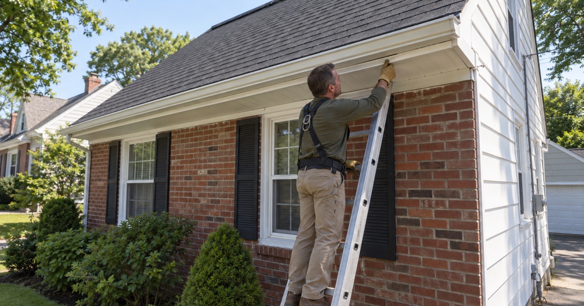 A continuous soffit vent pressed into the eave of a postwar North Arlington cape to balance its attic ventilation.