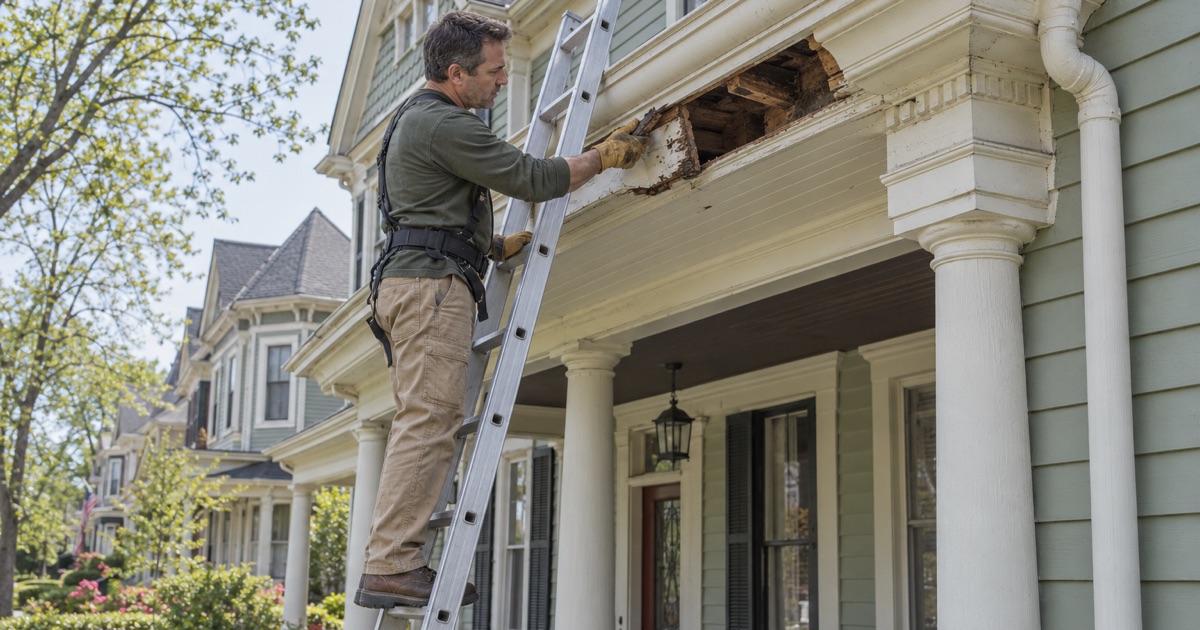 Rotted soffit and fascia opened up beneath a failed built-in gutter on a Victorian house in Red Bank.