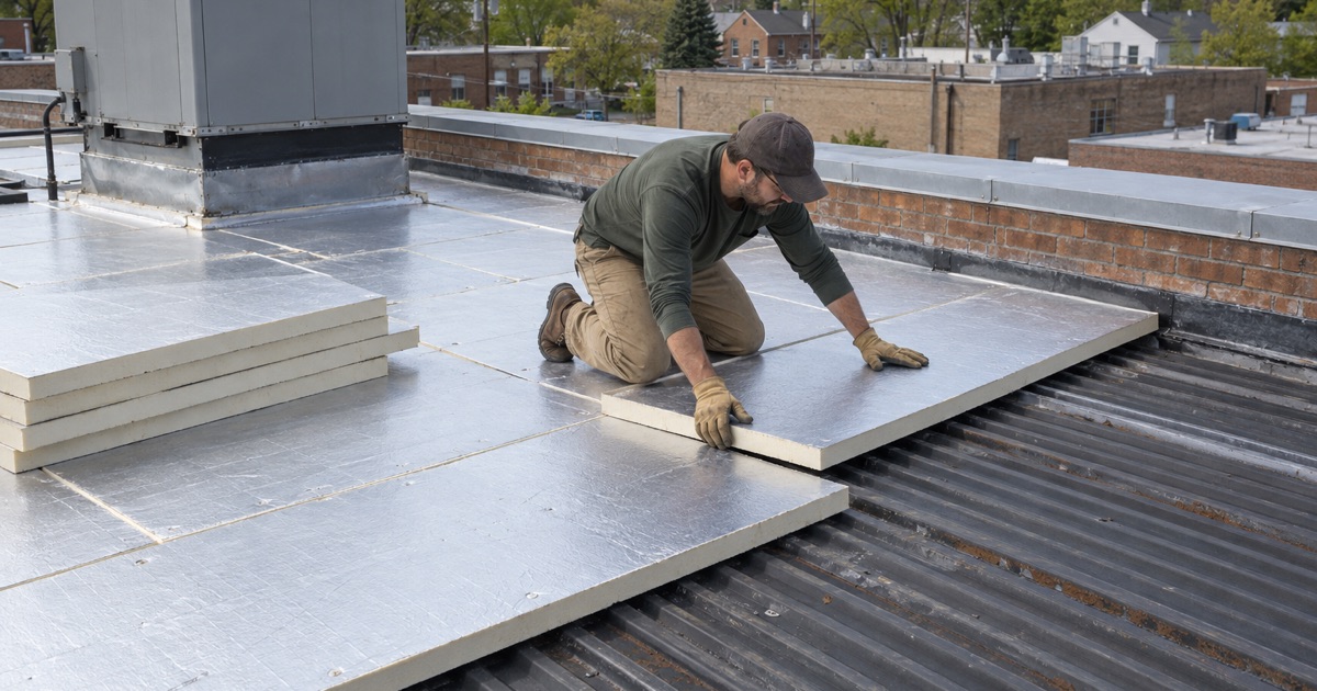 Thick insulation boards laid above the deck before the new membrane goes on an industrial roof in Ridgefield.