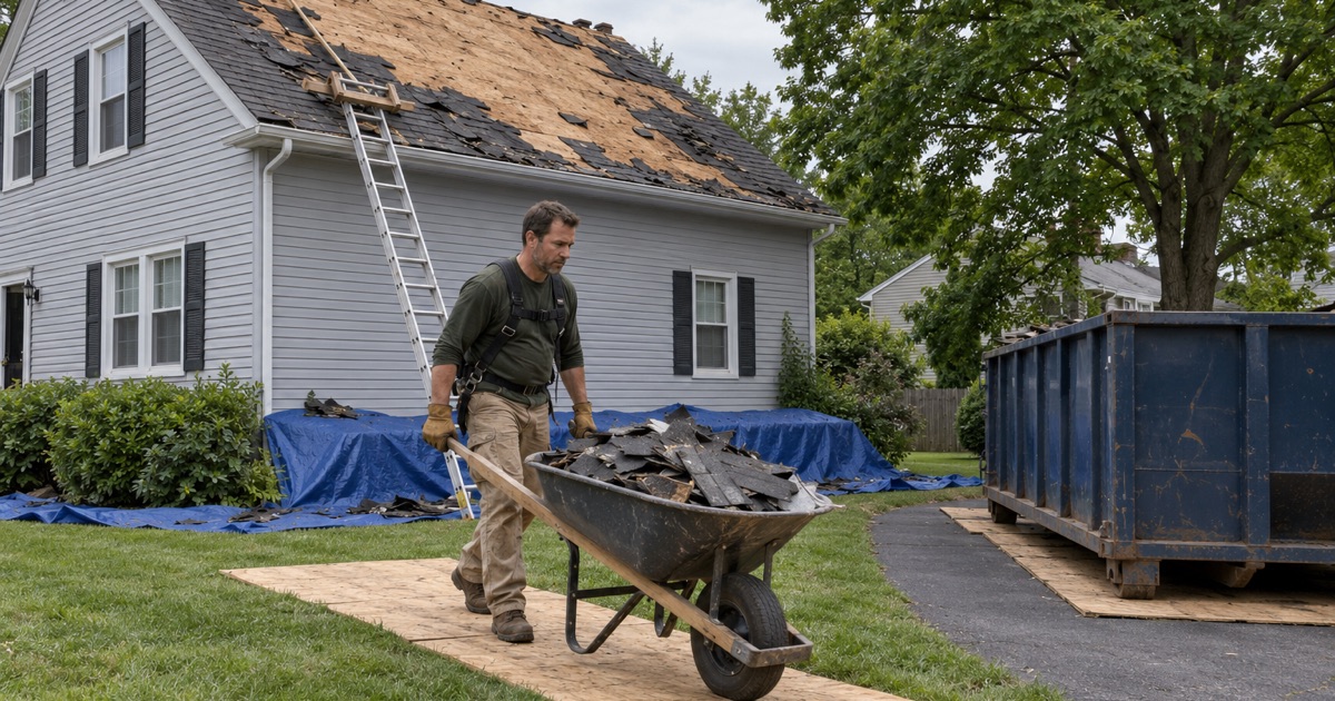 Tear-off debris wheeled to the driveway container at a Rutherford house during a re-roof