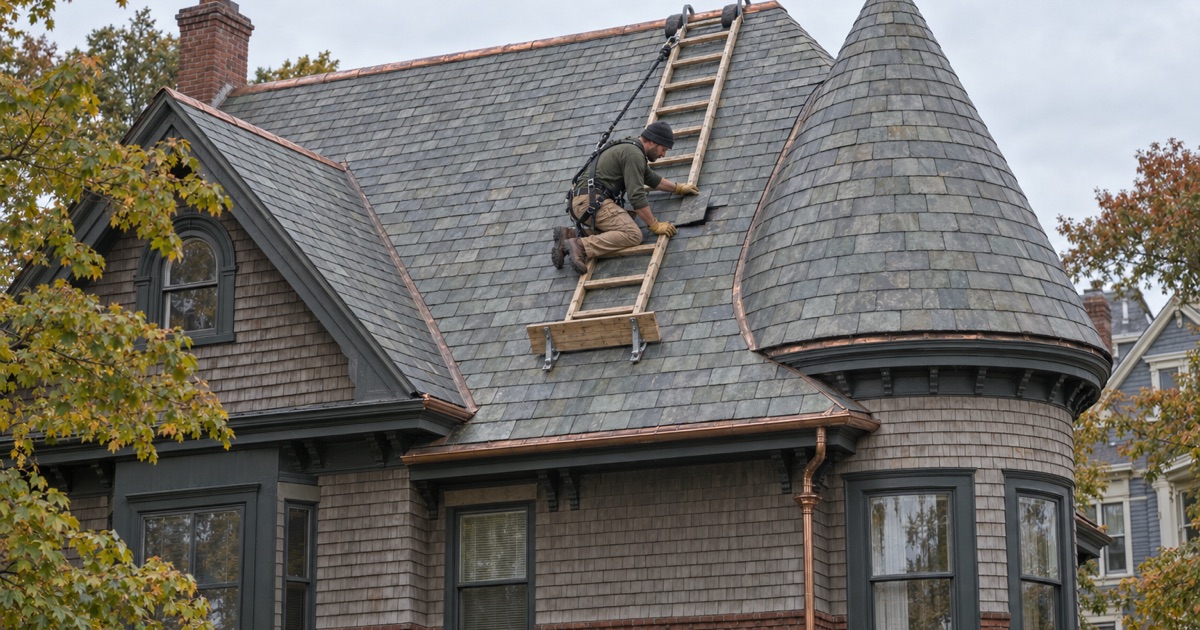 A roofer checking a loose natural slate on the steep roof beside the turret of a Victorian house in Somerville.