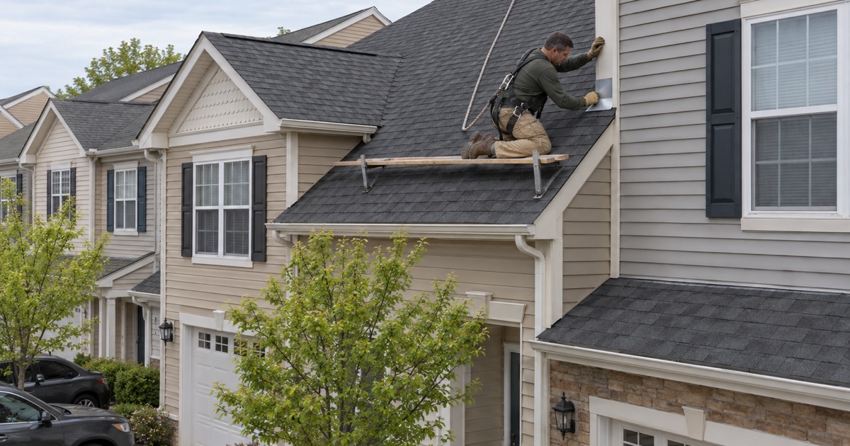 Step flashing at the offset where one townhouse roof meets its taller neighbor in a staggered South Amboy row.