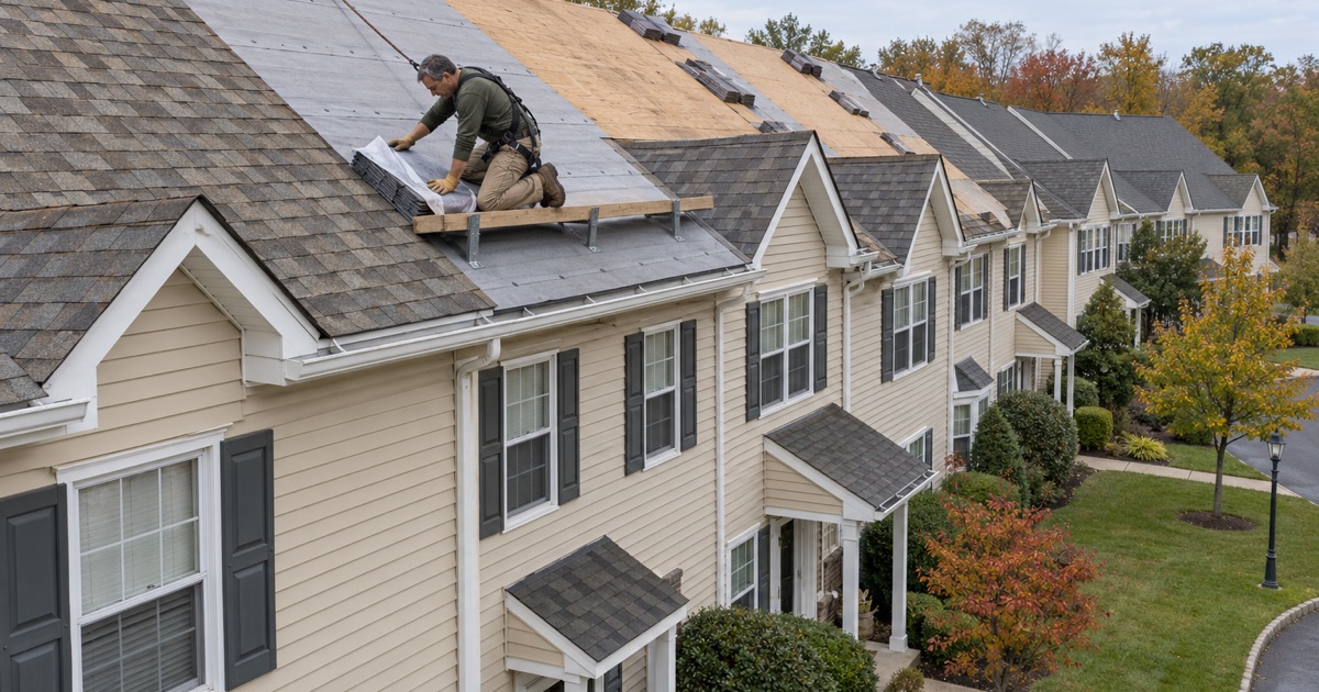 One building of an association’s 1980s townhouse row in Tinton Falls being re-roofed all at once.