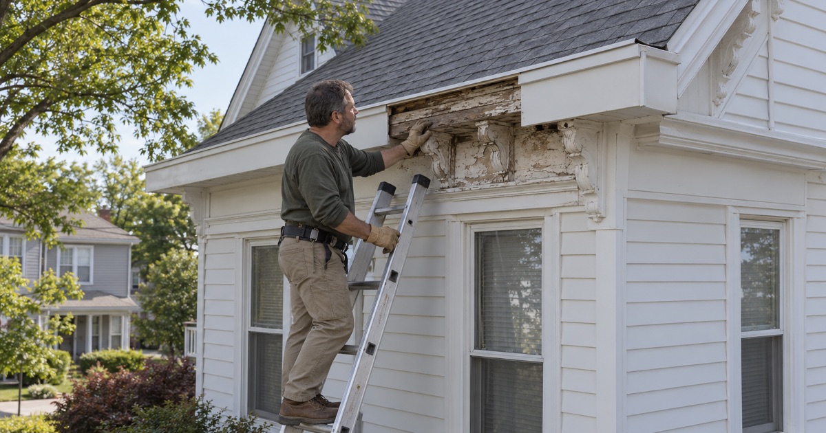 Aluminum capping opened at the eave of an older Wood-Ridge house to show the original bracketed wood cornice beneath.