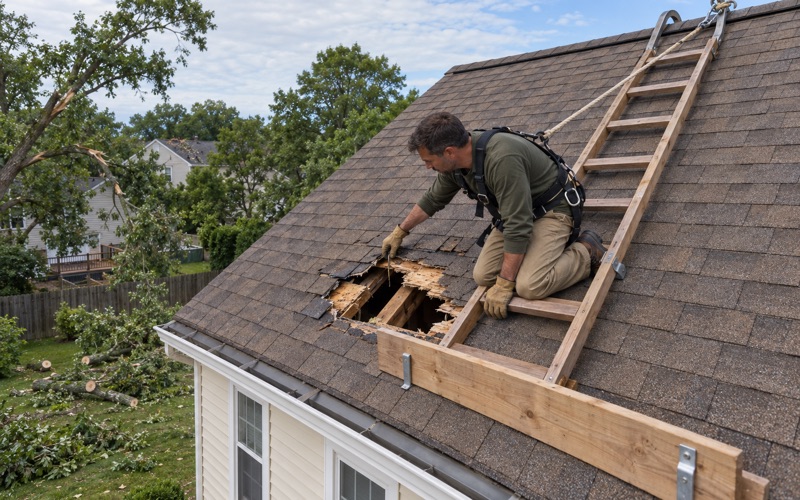 A roofer checking the hole a falling limb punched through the roof deck of a Perth Amboy house after a windstorm.