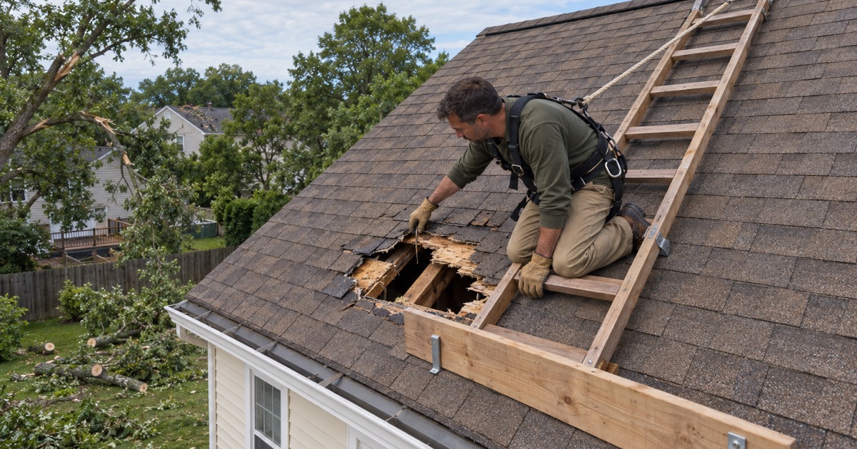 A roofer checking the hole a falling limb punched through the roof deck of a Perth Amboy house after a windstorm.